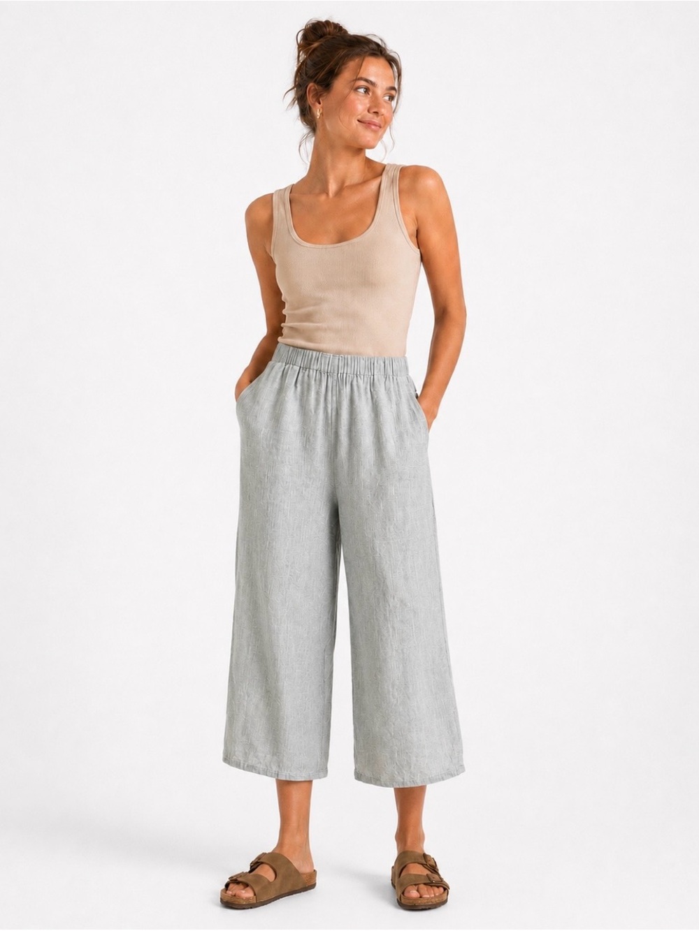 FLAX Linen Pull On Cropped Pants M Lagenlook Dot Cottagecore Granola Girl Beach